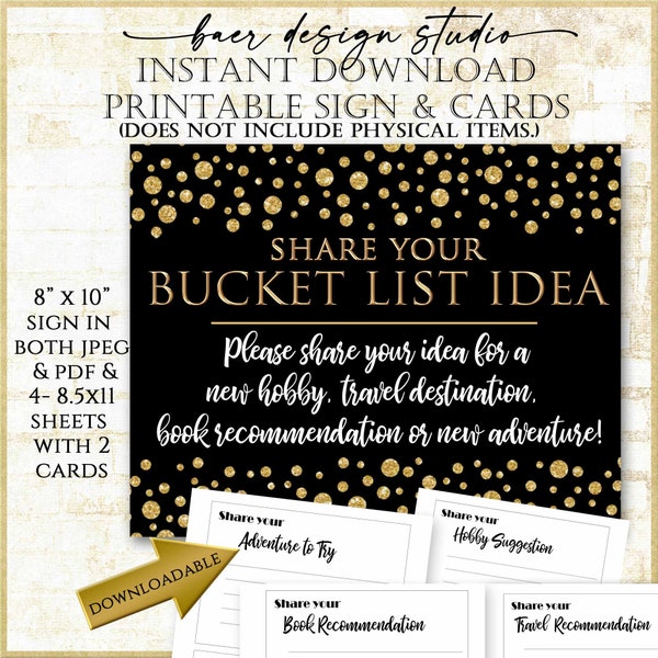 Black and Gold Bucket List Sign and matching Cards, Retirement Party Sign PRINTABLE 8x10”, Retirement Party Game Activity 6422