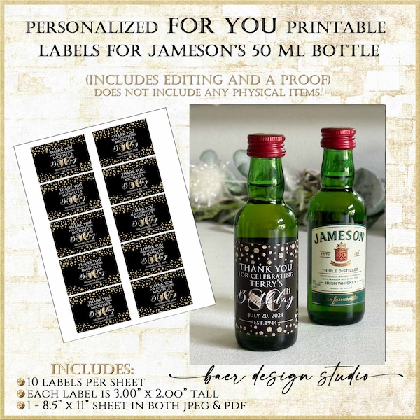 50ml Jameson's Mini Liquor Bottle Label:Made-to-order Printable Irish Whiskey Label|Black and Gold Thank You Label for any birthday  1424