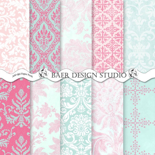 SHABBY CHIC Digital PAPER|Hot Pink and Blue Damask Digital Paper Pack|Distressed Pink and Light Blue Digital Paper|digital paper valentine