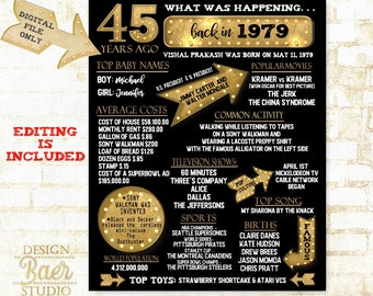 45th Birthday Poster|What happened 1979 Poster|Black and Gold 45th Anniversary poster printable|45th Class Reunion Made-to-order Poster