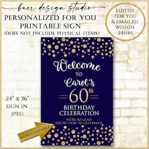 Welcome Sign Birthday Party Decor Posterprintable Navy and Gold Welcome ...