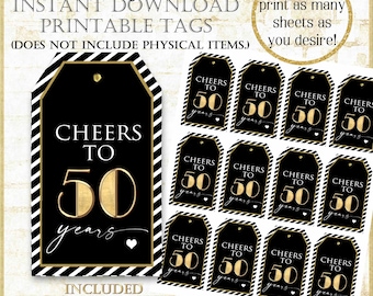 Black and Gold 50th Birthday Tag:50th Birthday Party Favor Tags, Cheers to 50 years printable tags, Wine Tags, Mini Wine Bottle Tags, 21024
