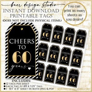 Cheers to 60 Years Printable Favor Tags, Black and Gold tag (Digital Download)