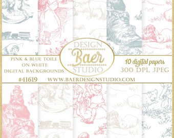 Toile Digital Paper Patterns, Pink Toile Digital Paper, Powder Blue Toile Digital Paper, Taupe Toile Backgrounds