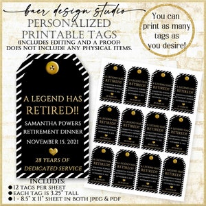 Black and Gold Retirement Party Idea,Personalized Retirement Printable Tags, A legend has retired party, Retirement Party Favor Tag 10121