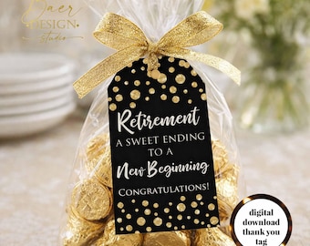 Retirement Party Favor Tags: Black and Gold A sweet ending to a new beginning gift tag
