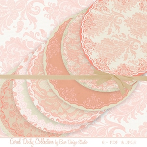 Print your own Circle Placemats:Peach Burlap and Lace Digital Doily, Peach Paper Plates, Junk Journal, Coral Round Placemats Printable 16237