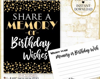 Share a Memory or Birthday Wishes Sign and matching Birthday Wish Card, Write a Memory, PRINTABLE 8x10” Instant Download Birthday Sign 93020