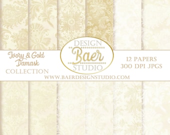 Ivory and Gold Vintage Damask Digital Paper (Digital Download)