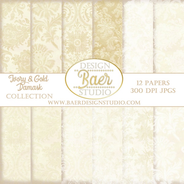 Elfenbein und Gold Vintage Damast Digitales Papier (digitaler Download)