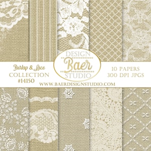 Burlap and Lace Digital Paper, Wedding Digital Paper, Lace Overlay Digital Paper, White Lace Digital paper, Shabby Chic Paper