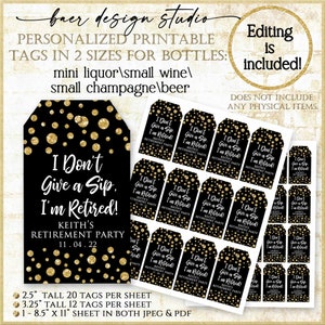 Black and Gold Retirement Bottle Tags: Personalized Thank You Printables (PDF)