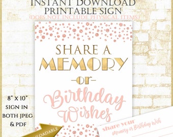 Rose Gold Share a Memory or Birthday Wishes Sign and matching Birthday Wishes Card, Write a Memory, PRINTABLE 8x10” Instant Download