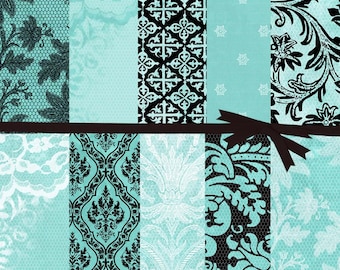 Shabby Chic Digital Paper:Turquoise Lace Digital Paper, Turquoise Damask Digital Paper, Turquoise and Black Paper, DIGITAL PAPER SALE, 14114