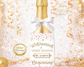 Pink and Gold Retirement Mini Wine Bottle Labels (Printable)