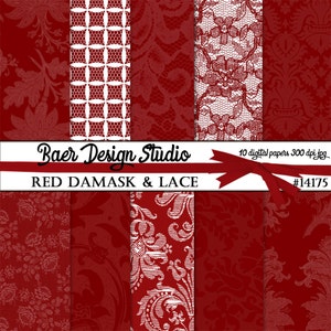 Rot Digitales Papier, Roter Damast Digital Papier, Rote Spitze Digitales Papier, Digitales Papier Vintage, Karminfarbene Spitze Digitales Papier