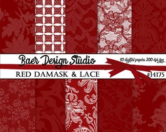 RED DIGITAL PAPER:Red Damask Digital Paper, Red Lace Digital Paper, Digital Paper Vintage, Wedding Digital Paper, Hochzeitseinladung 14175