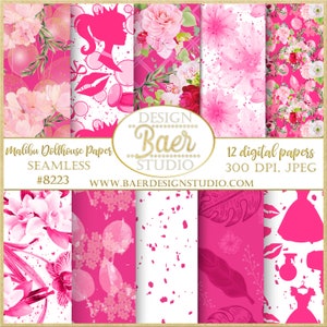 Könnte beinhalten: Ein Set mit 12 digitalen Papieren mit rosa und weißen Blumenmustern, Punkten und anderen Designs. Die Papiere haben eine Auflösung von 300 DPI und sind im JPEG-Format. Der Text "DESIGN Baer STUDIO WWW.BAERDESIGNSTUDIO.COM" ist im Bild enthalten.