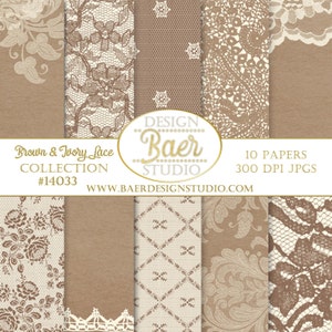 Braune Spitze Digital Papier, Braune und Elfenbein Spitze Digital Papier, Kraft Papier und Vintage Spitze Digitaler Hintergrund, Mokka Mousse Papier