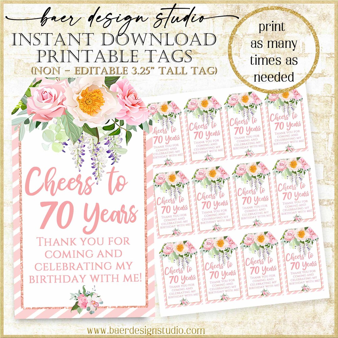 Cheers to 70 Years Party Favor Tag: Printable 70th Birthday Tag, Pink ...