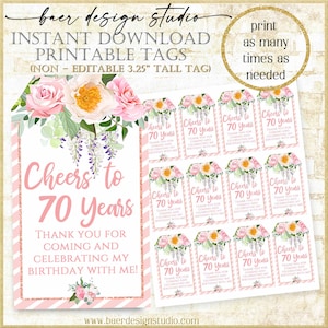 Étiquette de cadeau 70 ans à imprimer : étiquette imprimable pour 70e anniversaire, étiquette de remerciement floral rose pour mini bouteille de vin, modèle non compatible