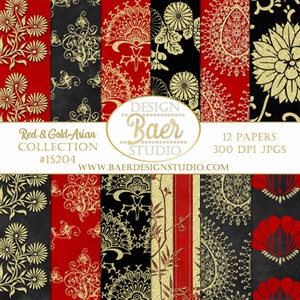 Asian Digital Paper, Red and Gold Foil Digital Paper, Chinese New Year Digital Paper, Asian Wedding Paper, Digital Paper Floral
