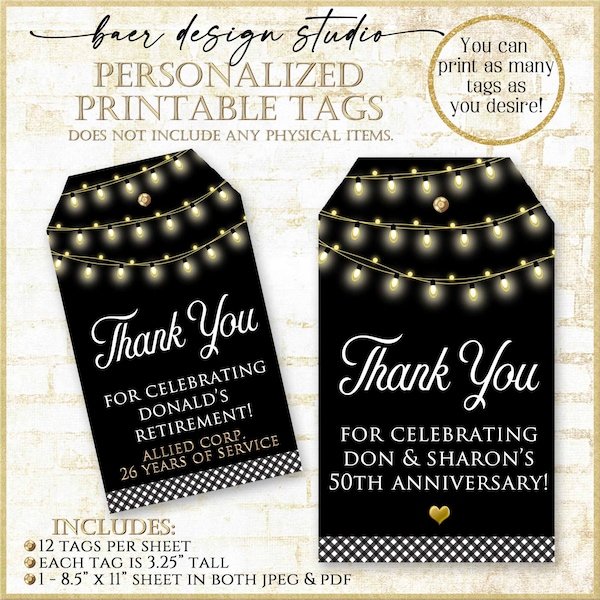 Personalized Black and Gold Birthday Thank you Tag|50th Birthday Tag|String of Lights Party Favor Tag|Retirement or 50th anniversary tag