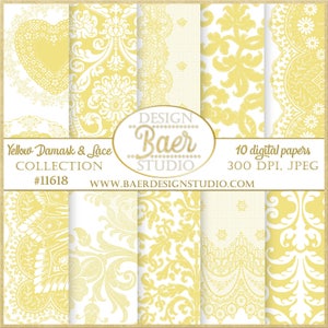 Yellow Digital Paper, Yellow Lace Digital Paper, Yellow Damask Digital Paper, Yellow Vintage Digital Paper, Shabby Chic Digital Paper