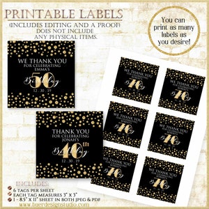 Afdrukbare bedanklabels, vierkante etiketten van 3 inch, verjaardagslabel afdrukbare sticker van 3 inch, zwart en goud label voor Avery-sjabloon 5659