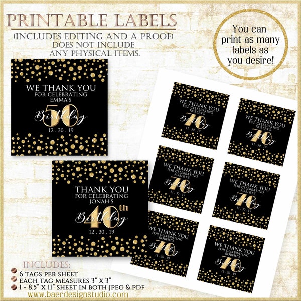 Printable Thank You Labels:3 inch square labels, Birthday Label 3 inch printable sticker, Black and Gold Label, 50th Anniversary label