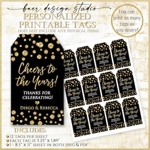 Ein Hoch auf die Jahre Jubiläum Dankeschön Tags, Schwarz und Gold Geburtstag Party Gunst Tags, personalisierte Retire Party Printable Tag 101524