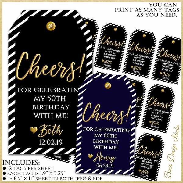 Cheers Birthday Favor Tag: Black, Gold, Navy (Printable Download)