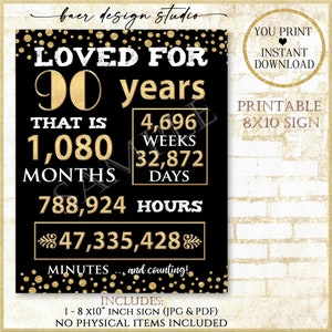 Loved for 90 Years Sign Digital, Black and Gold 90th Birthday Sign, 90 years in seconds Digital Print, 90 years in minutes printable sign