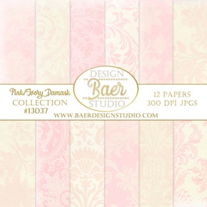 Pink and Ivory Damask Digital Paper Printable, Digital Paper Vintage, Pink Digital Scrapbook Paper, Coquette Digital Paper