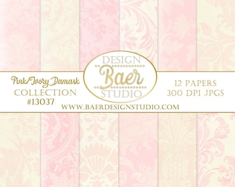 Pink Damask Digital Paper: Vintage Scrapbook Backgrounds in Rose and Ivory (Digital Download)