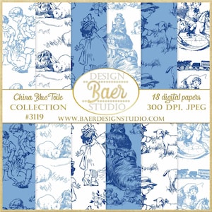 China Blue Toile Digital Paper Printable, Blue Toile Digital Papier, Toile Digital Download, Toile Junk Journal Digital Paper