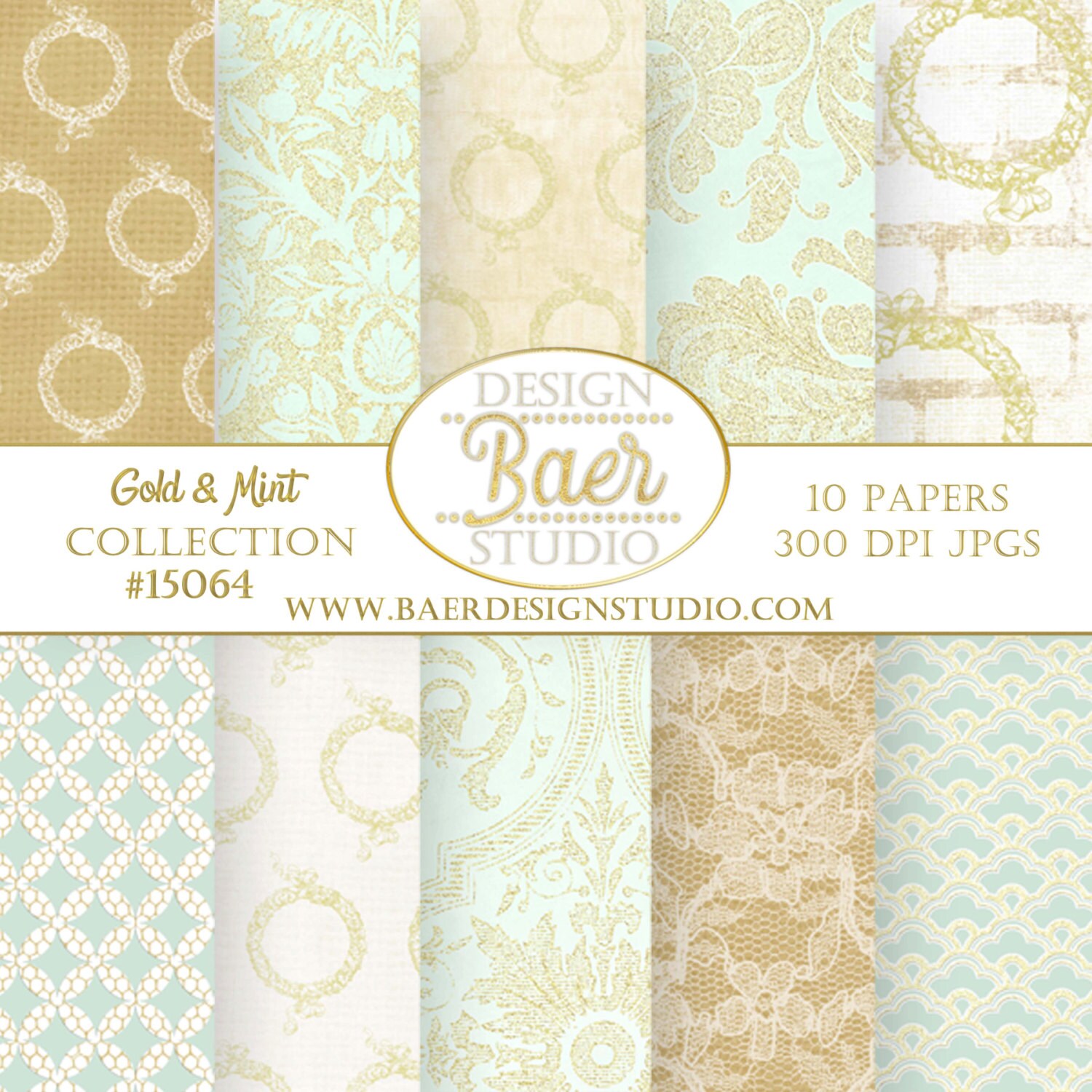Mint Green and Gold Damask Digital Paper Shabby Chic Digital Etsy