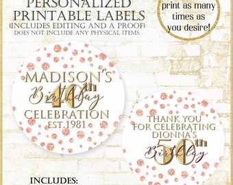 Rose Gold Printable Thank You Labels 2" circles: Personalized for you, Pink and gold round label to celebrate any birthday 41121