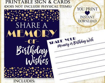 Printable Share a Memory or Birthday Wish Sign & Cards – Navy and Gold Glitter Theme