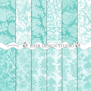 Papel digital turquesa imprimible, papel digital shabby chic, papel digital damasco turquesa, papel digital azul petirrojo para álbumes de recortes