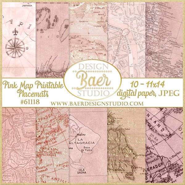 Pink Map Placemats: 11x14 Digital Paper, Pink Vintage Map Digital Paper, Blush Map Printable Placemats, Caribbean Map Digital Paper, #61118