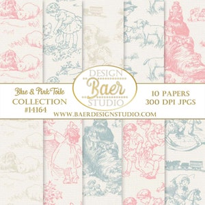 Pink and Blue Toile Digital Paper: Burlap Texture Backgrounds, French Bebe (Digital Download)