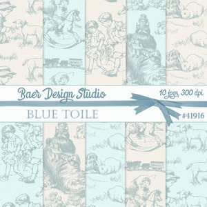 French Blue Toile Digital Paper Printable, Light Blue Toile Digital Paper, Light Blue French Baby Scrapbook Paper, Junk Journal Paper