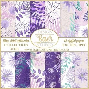 Flores de papel digital, papel digital floral morado, papel digital lavanda, papel digital acuarela morado, papel digital morado
