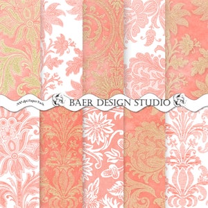 Floral and Gold Digital Paper, Coral and Gold Digital Paper, Coral Damask Digital Paper, Coral Digital Scrapbook Paper, Peach Damask Paper
