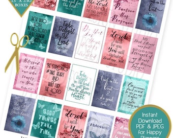 May include: A set of 16 printable planner stickers featuring watercolor backgrounds with inspirational quotes and bible verses. The stickers are 1.5 inches by 2.50 inches and come in boxes. The stickers feature a variety of colors, including pink, blue, green, and purple.
