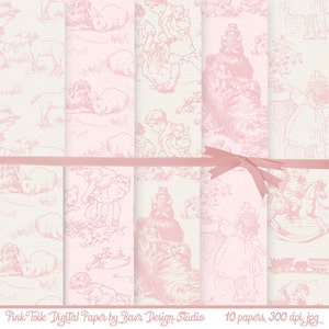 Fundo Digital Toile, Download de Papel Digital Toile Rosa, Papel Digital Rosa, Papel Digital Cottagecore, Papel Country Francês Rosa