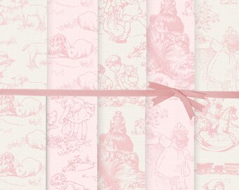 Pink Toile Digital Paper: Burlap Texture, Cottagecore (Digital Download)
