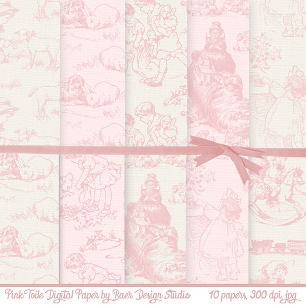 Toile Digital Background:Pink Toile Digital Paper Download, Pink Digital Paper, Digital Paper Valentines, Pink French Country Paper, #14113