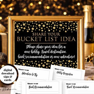 Retirement Bucket List Sign and Cards: Black and Gold Printable Party Game (Digital Download)